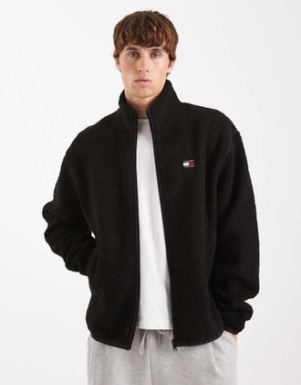 Tommy Jeans Giacca in tessuto effetto peluche nera con zip e logo sul petto-Nero