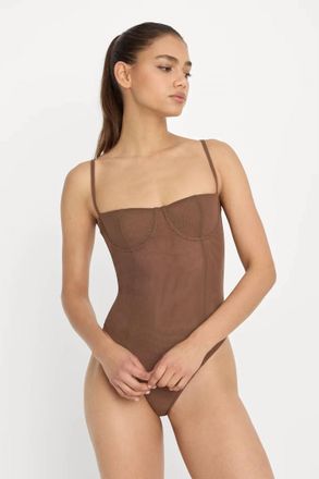 Good American Mesh Bustier Bodysuit In Saddlewood