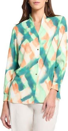 Misook Abstract Print Cr&ecirc;pe de Chine Stand Collar Button-Up Shirt in P Green/mult at Nordstrom Rack, Size Xx-Large