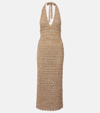 Valentino Open-knit linen-blend lam&eacute; midi dress