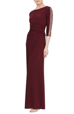 S.L. Fashions Beaded Sleeve Ruched Gown in Fig at Nordstrom, Size 14P