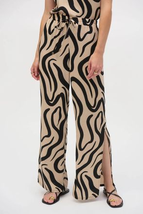 Joseph Ribkoff Abstract Print Side Slit Wide Leg Pants In Beige/black