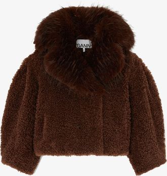 Ganni Jacket in Alternative Shearling - Size 8/10 Chocolate Brown