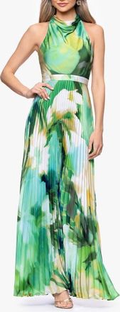 Betsy & Adam Floral Print Pleated Halter Dress in Green/Multi at Nordstrom, Size 12