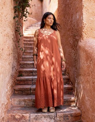Live Unlimited London Womens Terracotta Linen Blend Broderie Maxi Dress - Orange/Brown - Size: 28