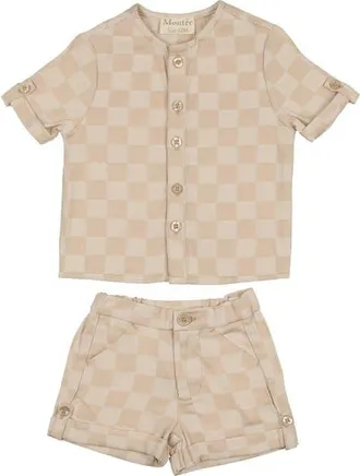 Maniere Denim Check Shirt & Shorts Set in Beige at Nordstrom, Size 12M