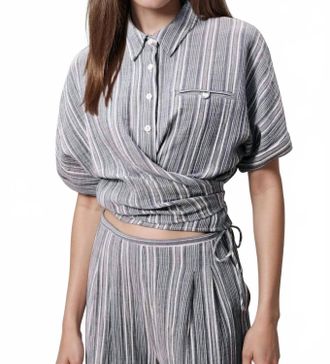 FRNCH Striped Shirt With Adjustable Front Tie In Denim Blue