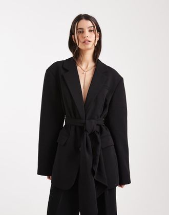 Asos Blazer sartoriale nero con allacciatura in vita o sciarpa multiposizione in coordinato-Marrone