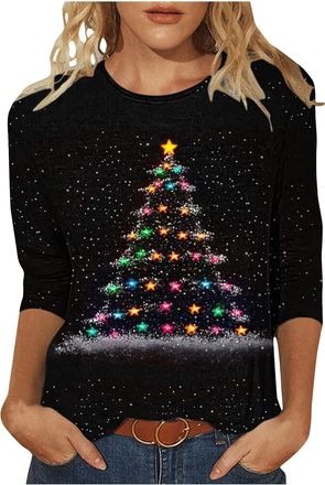 Generic KUIH Christmas Tops for Women Novelty Funny Xmas Tees Cotton 3/4 Sleeeve Blouse Lightweight Christmas Tree Jumper Graphic Pullover Holiday Crewneck Tu