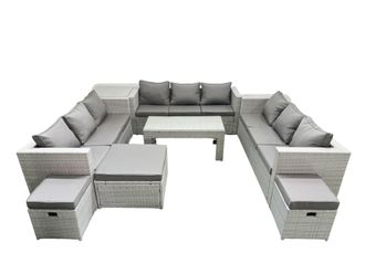 Fimous Rattan Garden Outdoor Furniture Set 12 Seater Garden Sofa Oblong Coffee Table Set with 3 Footstools Side Table Light Grey Mixed