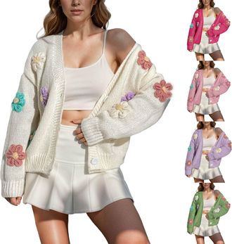 Generic Cardigans for Women UK Flower Beauty Applique Button Long Sleeve V Neck Knit Fashion Sweater Elegant Embroidery Comfort Cardigan Tops Long Sleeve Warm