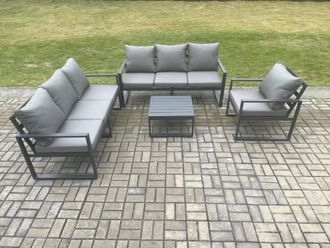 Fimous Aluminium 7 Seater Outdoor Garden Furniture Lounge Sofa Set with Square Coffee Table Chair Dark Grey