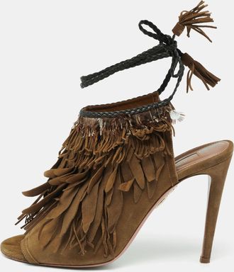 Aquazzura Olive Green Suede Tassel Ankle Tie Sandals