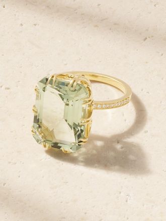 Ileana Makri Anello In Oro 18 Carati Con Ametista E Diamante Solitaire - Verde