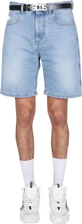 GCDS Light Blue Cotton-Blend Logo Embroidered Denim Shorts