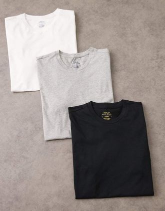 Polo Ralph Lauren Confezione da 3 t-shirt da casa bianca, nera e grigia m&eacute;lange con logo a icona-Bianco