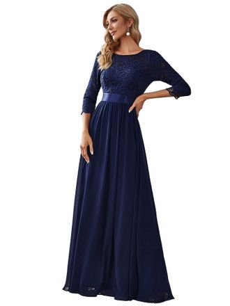 Ever-pretty Womens Round Neck 3/4 Sleeves A Line Empire Waist Lace Elegant Maxi Weeding Guest Dresses Navy Blue 18UK
