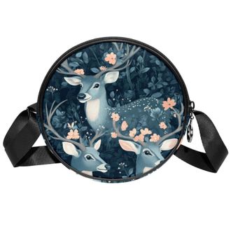 Generic Circle Crossbody Bag for Women, Froest Deer Small Sling Bag Daypack with Zipper Adjustable Shoulder Straps Casual Ladies Girls Round Purse