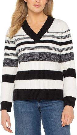 Liverpool L.A. Stripe V-Neck Sweater in Cream Black Melange Stripe at Nordstrom, Size X-Small