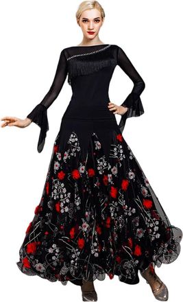 Generic Flower Printed Ballroom Dance Skirt and Top Set Tango Dresses Waltz Dress Standard Dance Dress Black top red Skirt XXL