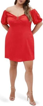City Chic Macey Off the Shoulder Puff Sleeve Stretch Cotton Minidress in Red at Nordstrom Rack, Size 16W