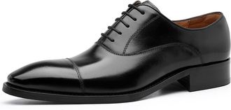 Generic Shoes Dress Oxford for Men Lace Up Cap Toe Black Burnished Toe Genuine Leather Block Heel Low Top Slip Resistant Business(Black,9.5 UK)