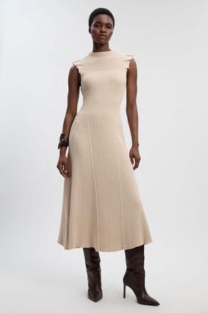 Karen Millen Womens Pointelle Frill Sleeve Knit Midi Dress - Cream Cotton - Size X-Small