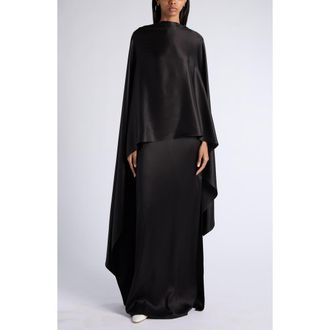Bottega Veneta Fluid Silk Satin Cape Maxi Dress in Double Black at Nordstrom, Size 42
