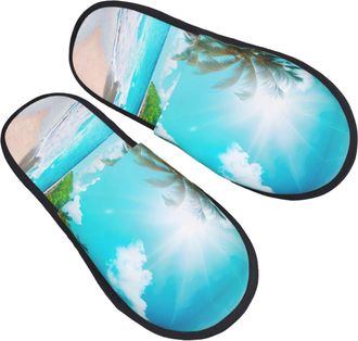 Generic Fluffy Fluffy Slipper Tropical Ocean Beach Theme print House Slipper Warm Home Slippers for Guest Ladies Indoor L