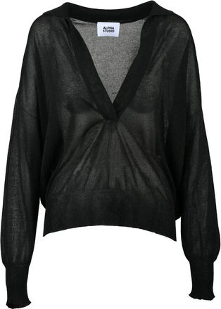 Alpha Studio Black Viscose Polyester Oversized Polo Shirt
