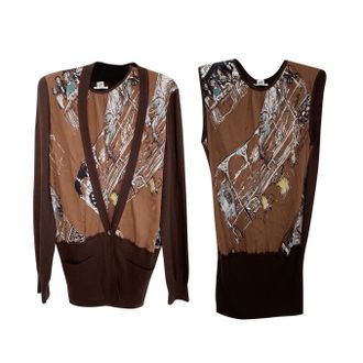Herm&egrave;s Chocolate Brown Printed Silk & Cashmere Twin-Set Size M