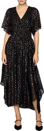 Melloday Metallic Smocked Waist Chiffon Maxi Dress in Black Gold at Nordstrom, Size X-Large