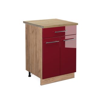 Vicco Mueble Bajo De Cocina Fame-line, Rojo Burdeos Alto Brillo, 60 Cm Con Caj&oacute;n, Et Roble Vicco