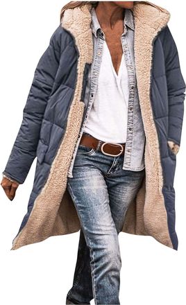 Generic Winter Jackets for Women Uk Waterproof Shaggy Puffer Jacket Thickened Hooded Parka Quilted Padded Fleece Jackets Zip Side Pockets Wind-Resistant Detac