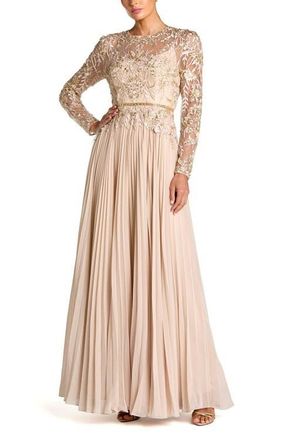 Mac Duggal Womens Long Sleeve Chiffon Embellished Gown in Taupe at Nordstrom, Size 18