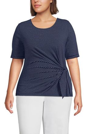 Lands End Lightweight Jersey Tie Front Top in Deep Sea Navy Thin Stripe at Nordstrom, Size 1X
