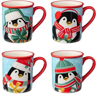Certified International Christmas Whimsy Penguin Set Of 4 Mugs