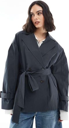Asos short trench coat with belt in navy