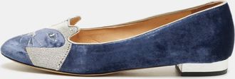 Charlotte Olympia Navy Blue/grey Velvet Kitty Smoking Slippers