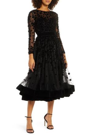 Mac Duggal Embellished Illusion High Neck Long Sleeve Fit & Flare in Black at Nordstrom, Size 14