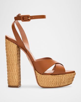 Aquazzura Sunseeker Wicker and Leather Block-Heel Sandals