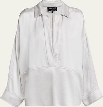 Giorgio Armani Hammered Satin Plunging Collared Shirt