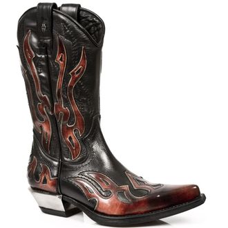 New Rock Mens Flame Accented Black/Red Mid-Calf Cowboy Boots-7921-S2 Leather - Size EU 45