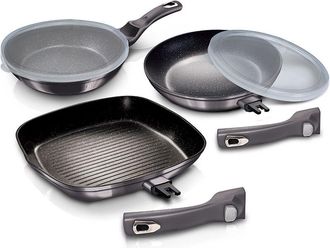 Berlinger Haus Carbon Pro Set 2 Sartenes Y Grill 20-24-28cm Inducci&oacute;n, Aluminio Forjado, Antiadherente, Mangos Extra&iacute;bles Gris Oscuro - Berlinger Haus