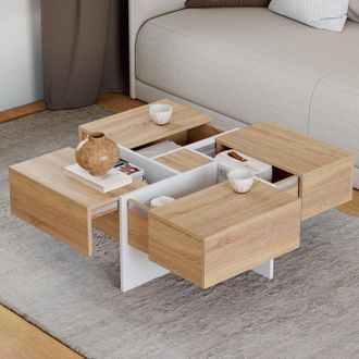 IDMarket Mesa De Centro Cuadrada Talia De 70 Cm Con Cajones De Madera Y Blancos