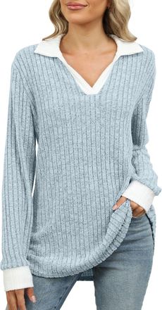 Generic Womens Contrast Collared Shirt - Casual Long Sleeve Ribbed Design, Fall Lightweight Tunic Sweater, Comfortable for Layering or Solo Wear on Cool Days(