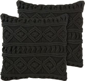 Beliani Beliani - Conjunto De Cojines Decorativos De Algod&oacute;n Negro Macram&eacute; 45 X 45 Cm Cuerda Boho Retro Mudanya