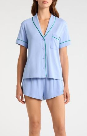 Lunya Slumberknit Shawl Collar Short Pajamas in Bluebell Bloom/Spring Clover at Nordstrom, Size X-Large