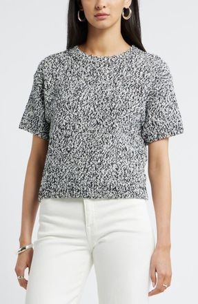 Nordstrom Marled Knit Short Sleeve Sweater in Black-Ivory Marl at Nordstrom, Size Xx-Small