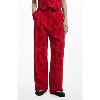 Desigual Floral Print Wide Leg Pants in Bright Red at Nordstrom, Size Large